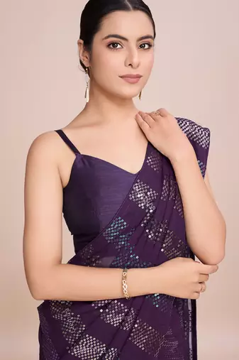 Embellished wine color  bollywood georgette saree with unstiched blouse