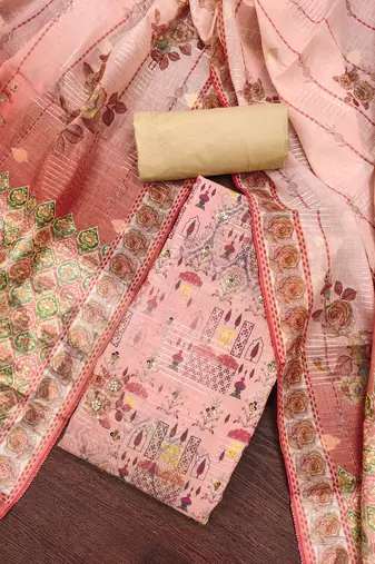 Women's peach printed viscose cotton banrasi dress material