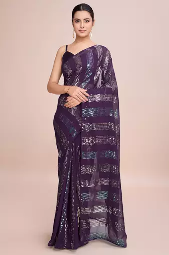 Embellished wine color  bollywood georgette saree with unstiched blouse