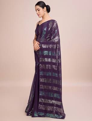 Embellished wine color  bollywood georgette saree with unstiched blouse 3