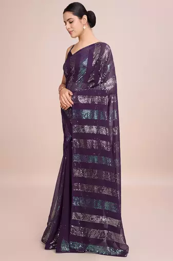Embellished wine color  bollywood georgette saree with unstiched blouse