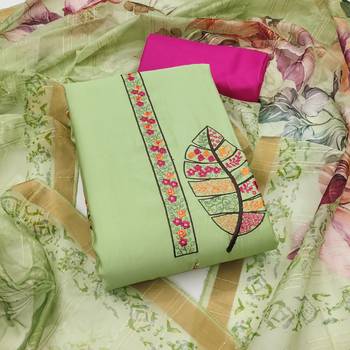 Women's green embroiderd pure cotton silk dress material 1