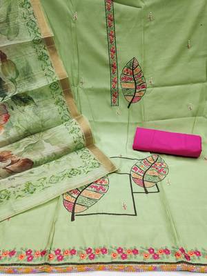 Women's green embroiderd pure cotton silk dress material 2