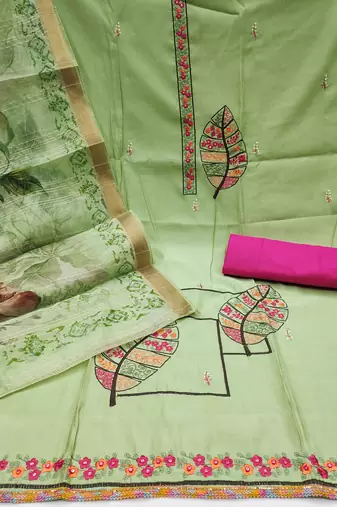 Women's green embroiderd pure cotton silk dress material