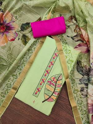 Women's green embroiderd pure cotton silk dress material 3
