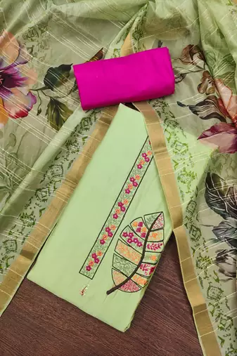 Women's green embroiderd pure cotton silk dress material