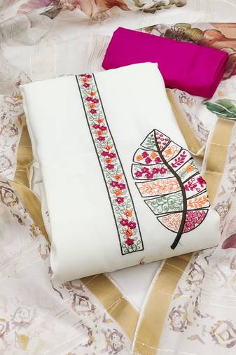 Women's white unstitched embroiderd pure cotton silk dress material 