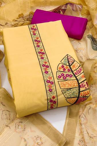 Women's yellow unstitched embroiderd pure cotton silk dress material 