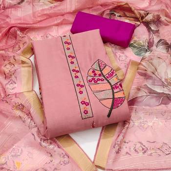 Women's baby pink embroiderd pure cotton silk dress material 1