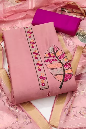 Women's baby pink unstitched embroiderd pure cotton silk dress material 