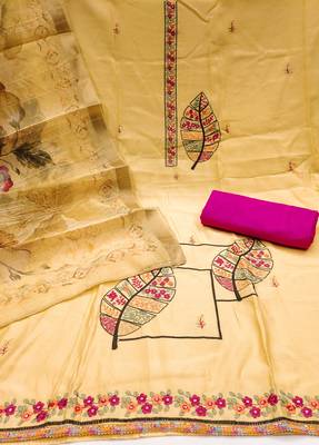 Women's yellow embroiderd pure cotton silk dress material 2