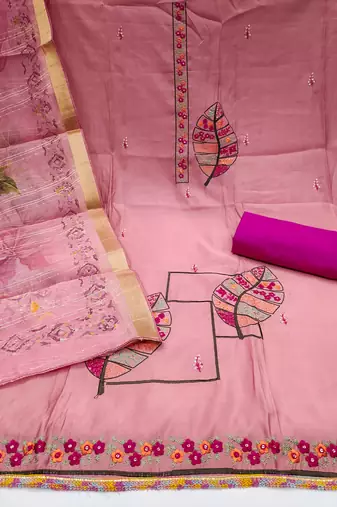 Women's baby pink embroiderd pure cotton silk dress material