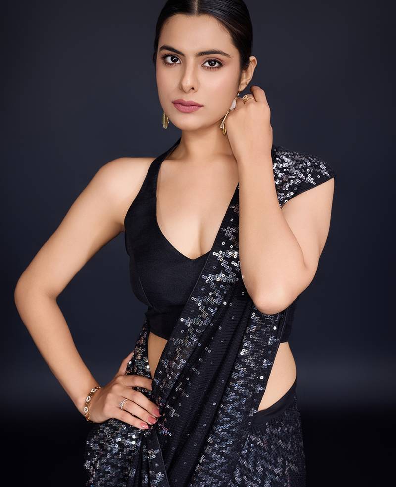 Embellished black color  bollywood georgette saree with unstiched blouse