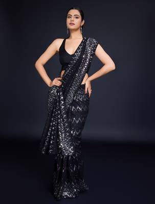Embellished black color  bollywood georgette saree with unstiched blouse 2