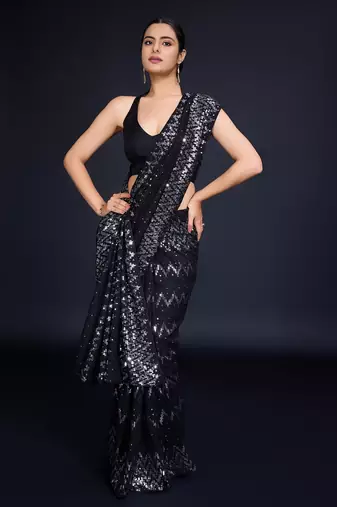 Embellished black color  bollywood georgette saree with unstiched blouse