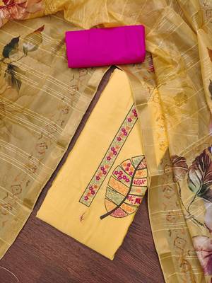 Women's yellow embroiderd pure cotton silk dress material 3