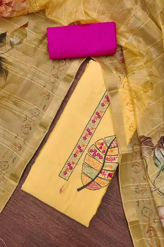 Women's yellow embroiderd pure cotton silk dress material