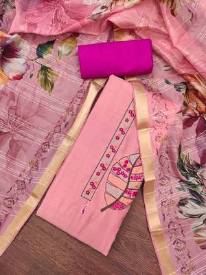Women's baby pink embroiderd pure cotton silk dress material 3