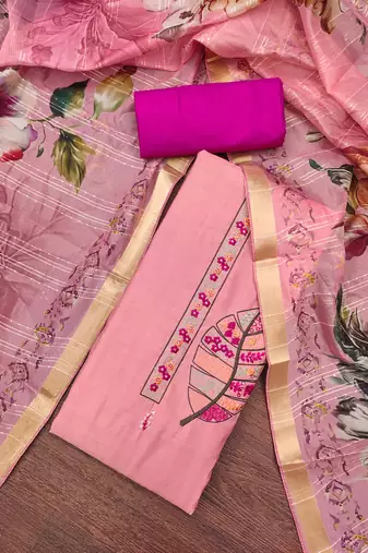 Women's baby pink embroiderd pure cotton silk dress material