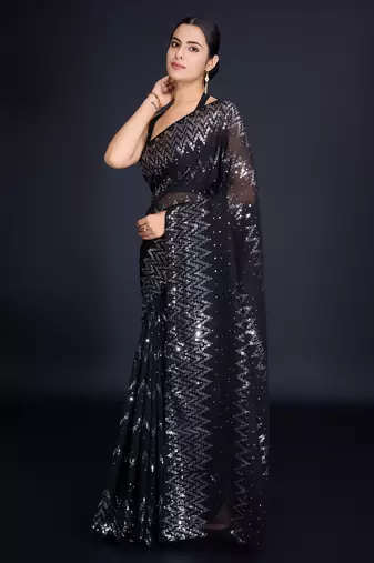 Embellished black color  bollywood georgette saree with unstiched blouse