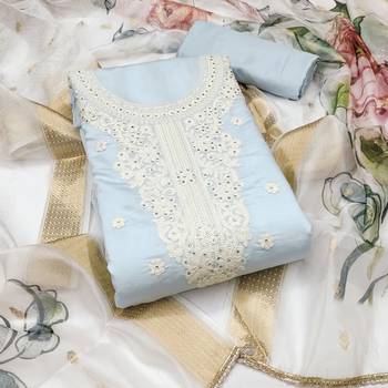 Women's grey embroiderd pure cotton silk dress material 1