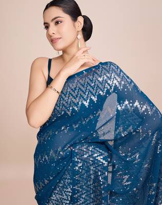 Embellished petrol blue color  bollywood georgette saree with unstiched blouse 1