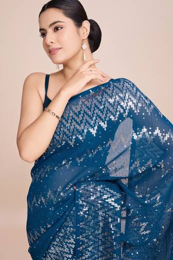 Embellished petrol blue color  bollywood georgette saree with unstiched blouse