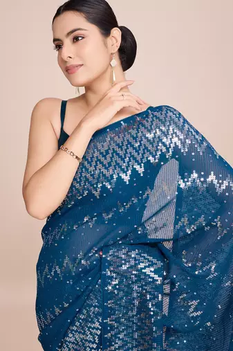 Embellished petrol blue color  bollywood georgette saree with unstiched blouse