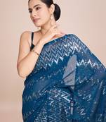 Embellished petrol blue color  bollywood georgette saree with unstiched blouse