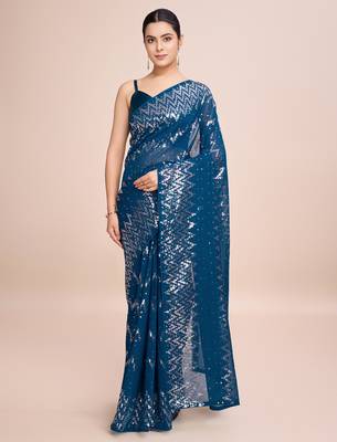 Embellished petrol blue color  bollywood georgette saree with unstiched blouse 2
