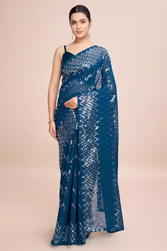 Embellished petrol blue color  bollywood georgette saree with unstiched blouse