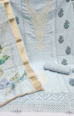 Women's grey embroiderd pure cotton silk dress material 2