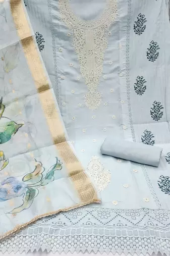 Women's grey embroiderd pure cotton silk dress material