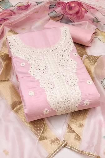 Women's pink unstitched embroiderd pure cotton silk dress material 