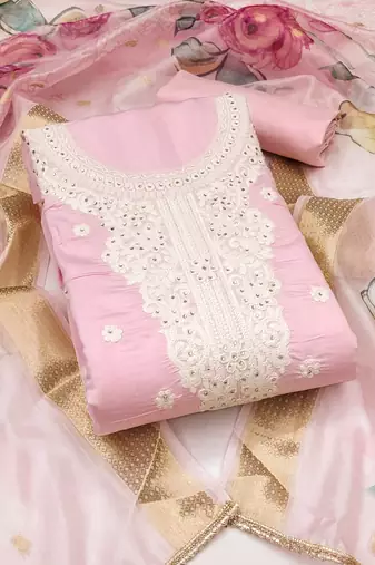 Women's pink unstitched embroiderd pure cotton silk dress material 