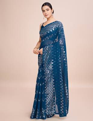 Embellished petrol blue color  bollywood georgette saree with unstiched blouse 3