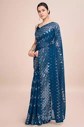 Embellished petrol blue color  bollywood georgette saree with unstiched blouse