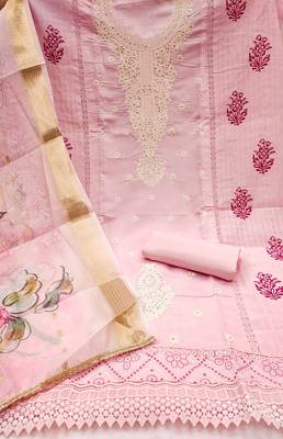 Women's pink embroiderd pure cotton silk dress material 2