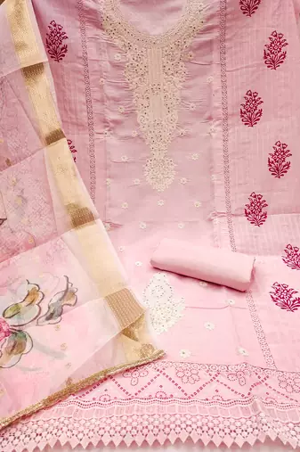 Women's pink embroiderd pure cotton silk dress material