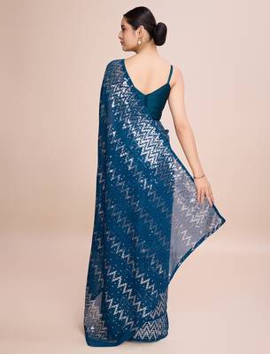 Embellished petrol blue color  bollywood georgette saree with unstiched blouse 4