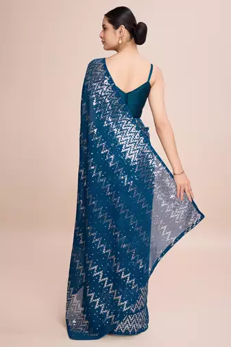 Embellished petrol blue color  bollywood georgette saree with unstiched blouse