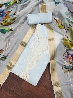 Women's grey embroiderd pure cotton silk dress material 3