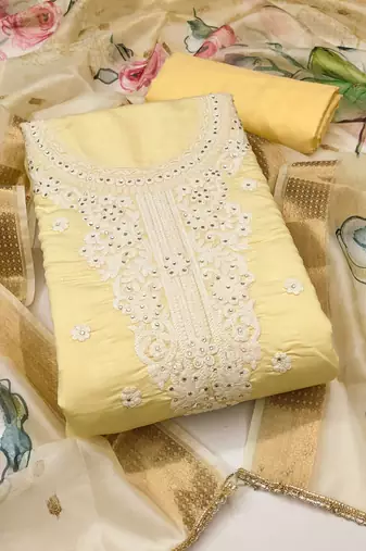 Women's beige unstitched embroiderd pure cotton silk dress material 