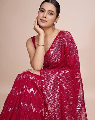 Embellished wine color  bollywood georgette saree with unstiched blouse 1
