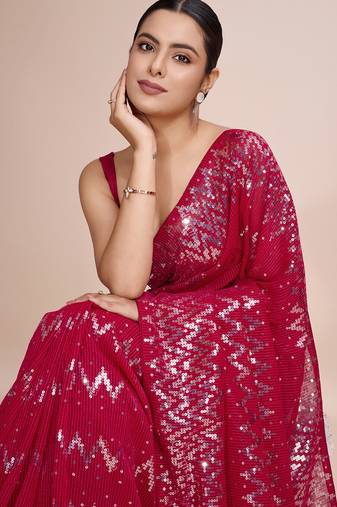 Embellished wine color  bollywood georgette saree with unstiched blouse