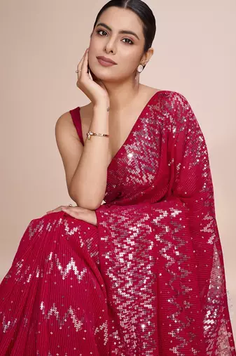 Embellished wine color  bollywood georgette saree with unstiched blouse