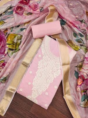 Women's pink embroiderd pure cotton silk dress material 3