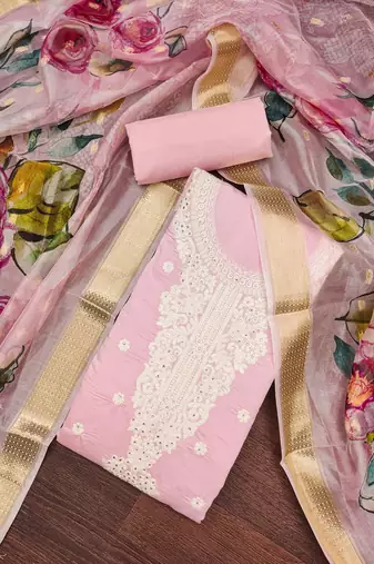 Women's pink embroiderd pure cotton silk dress material