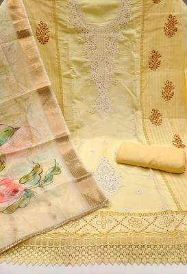 Women's beige embroiderd pure cotton silk dress material 2
