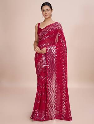 Embellished wine color  bollywood georgette saree with unstiched blouse 2